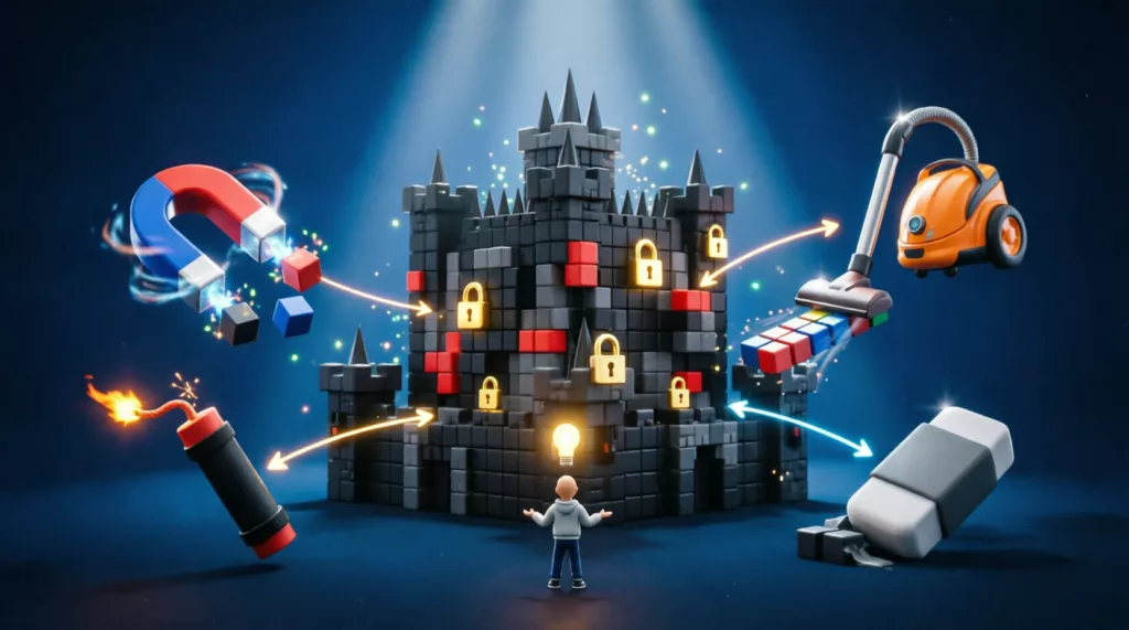 Person faces a locked castle surrounded by obstacles, with arrows suggesting tools and strategies for overcoming barriers