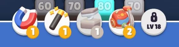 Power-up toolbar showing magnet, paint, hammer, and vacuum icons with counts, plus a locked LV 18 slot
