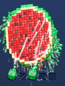 Level 16 of a mobile block-breaking game, with balls smashing a watermelon mosaic and numbered launchers below