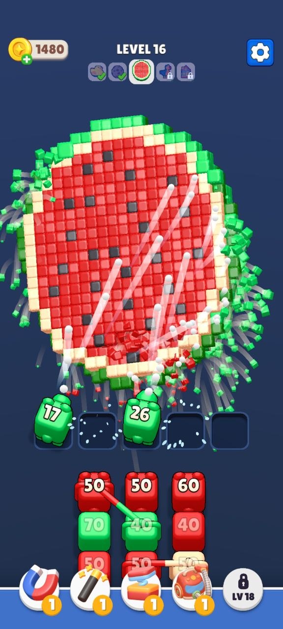 Level 16 of a mobile block-breaking game, with balls smashing a watermelon mosaic and numbered launchers below